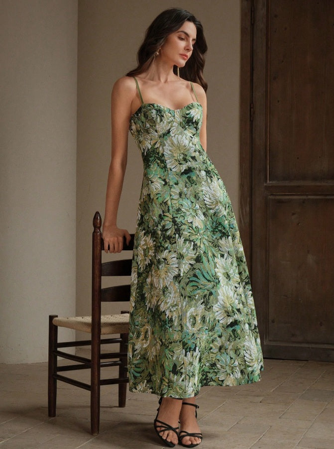 Green bohemian style dress with all-over print