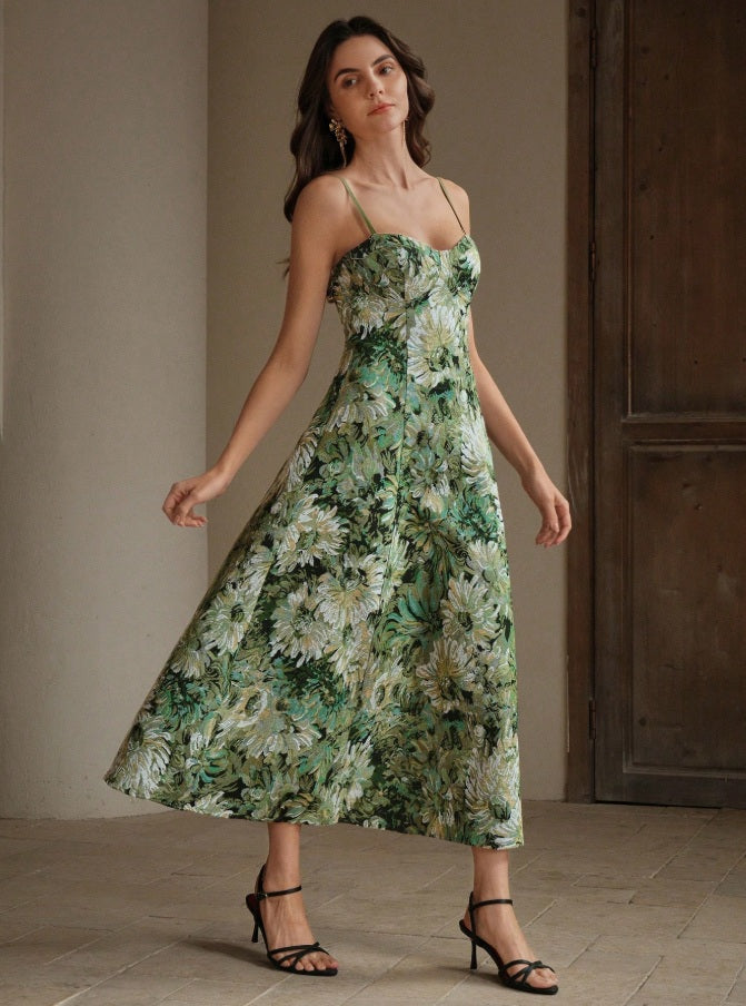 Green bohemian style dress with all-over print