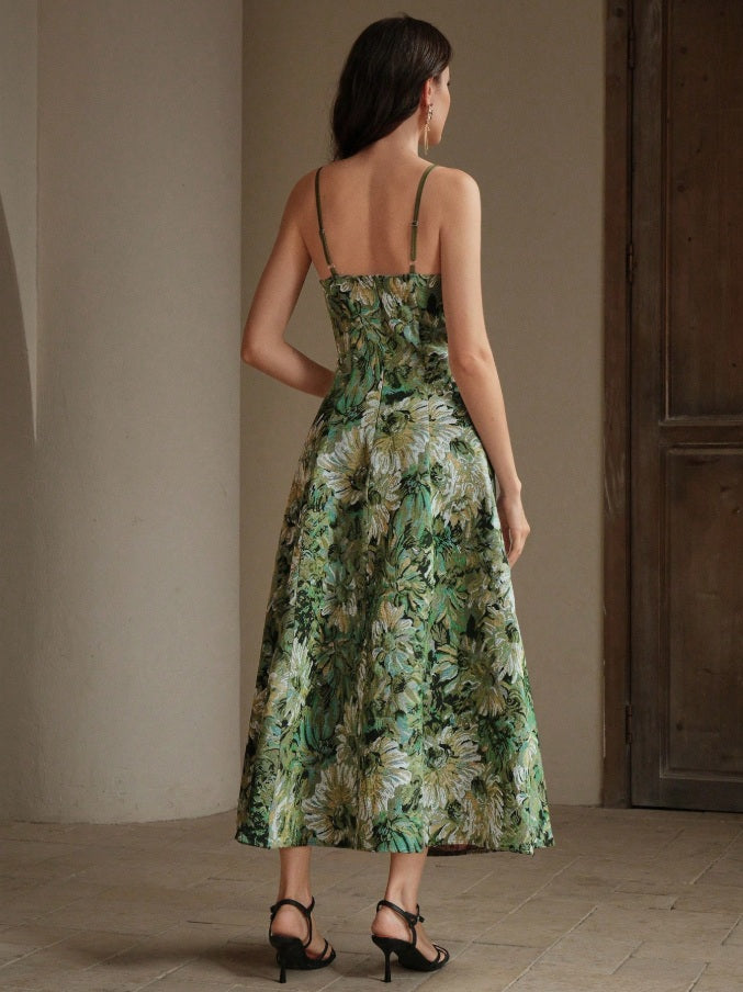 Green bohemian style dress with all-over print