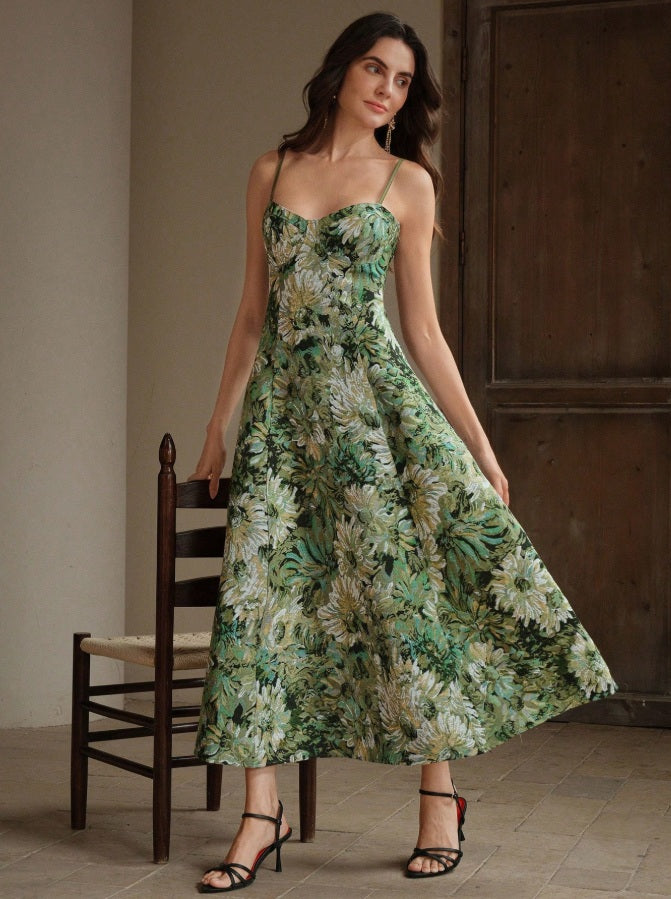 Green bohemian style dress with all-over print