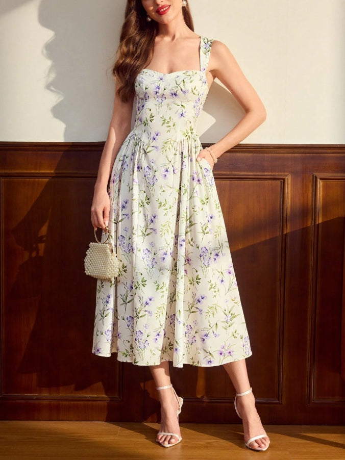 Long flowy dress with pockets and floral pattern
