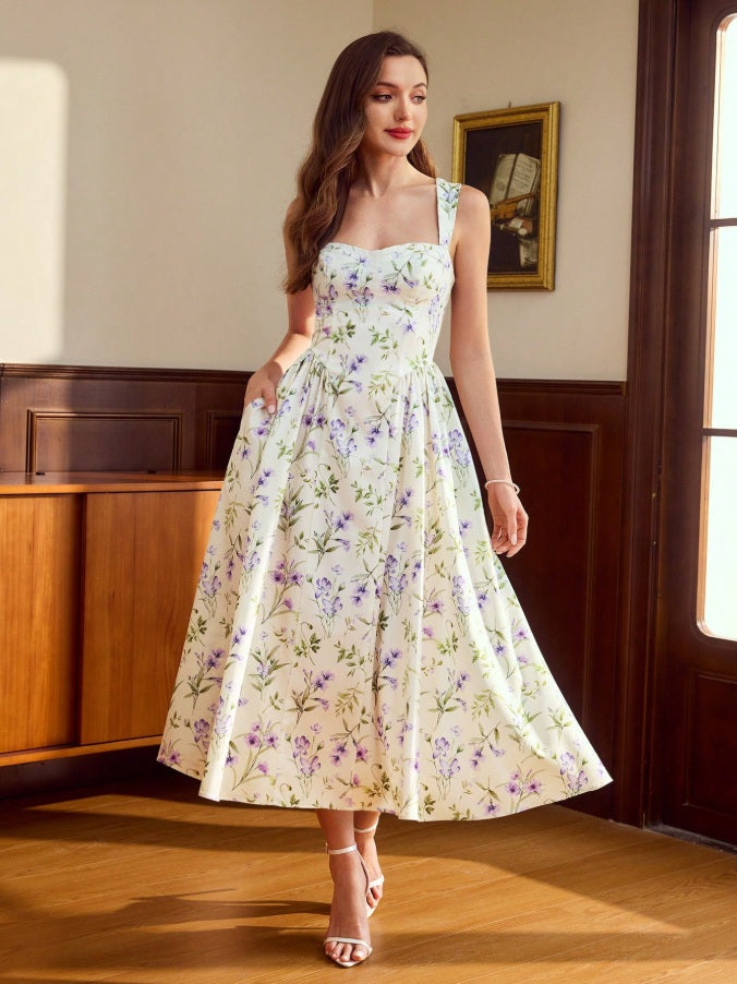 Long flowy dress with pockets and floral pattern