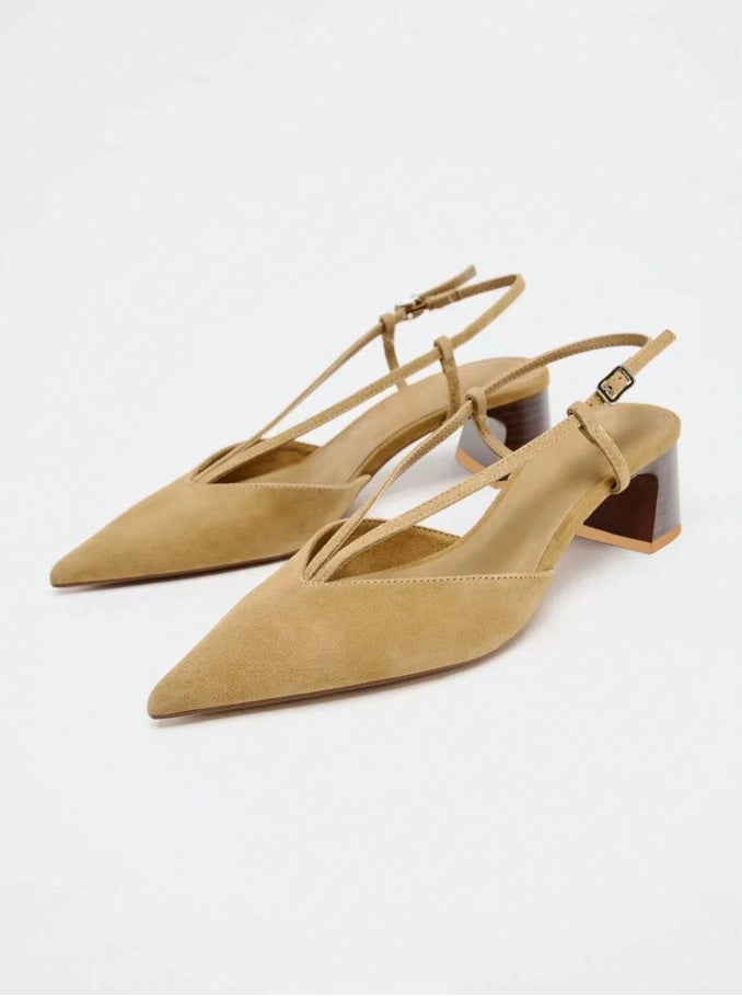 Cinnamon suede block sculptural heels