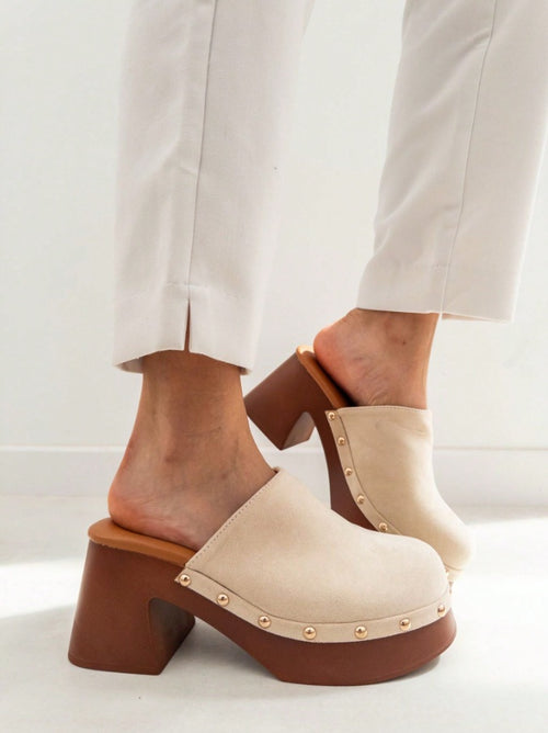 Cream Square platform studded clogs