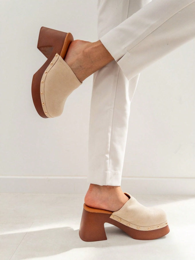 Cream Square platform studded clogs