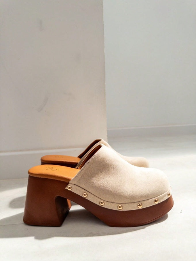 Cream Square platform studded clogs