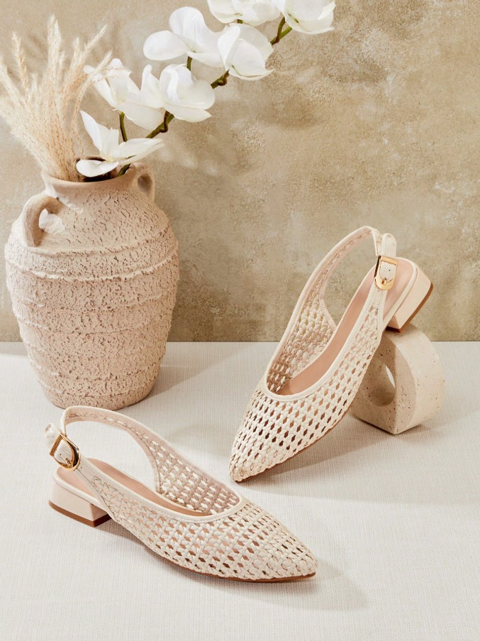 Ivory Fishnet fabric ballet flats