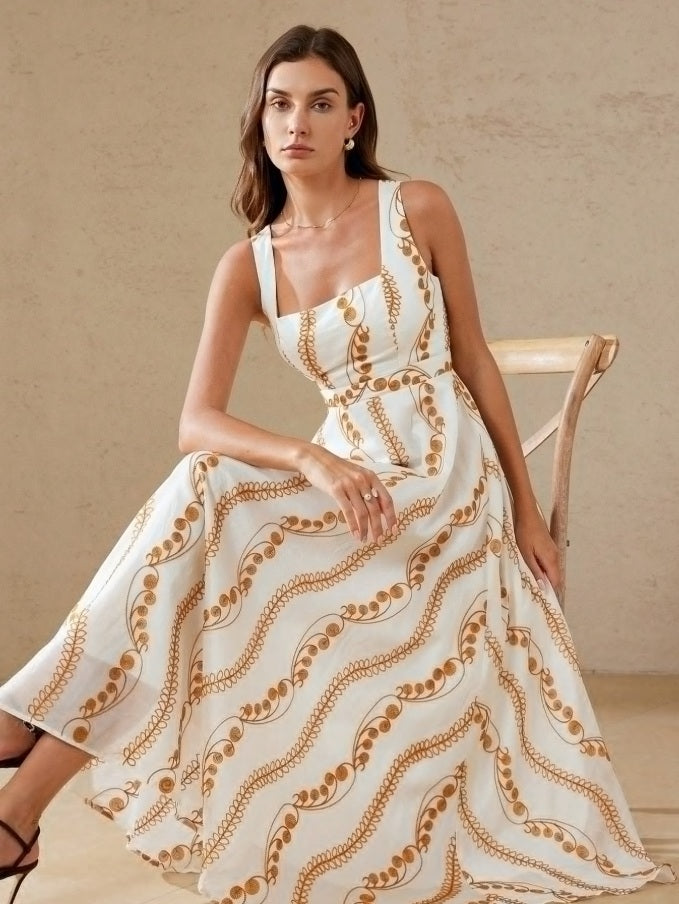 Long dress with box neckline and orange root texture