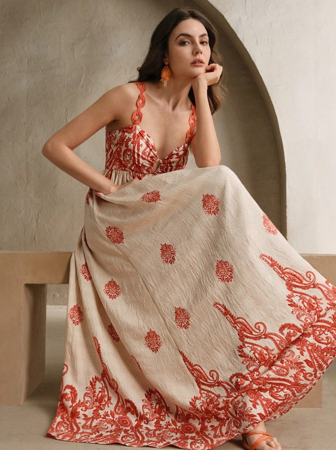 Catalia Long linen dress with high waist and embroidered chain handles