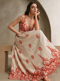 Catalia Long linen dress with high waist and embroidered chain handles