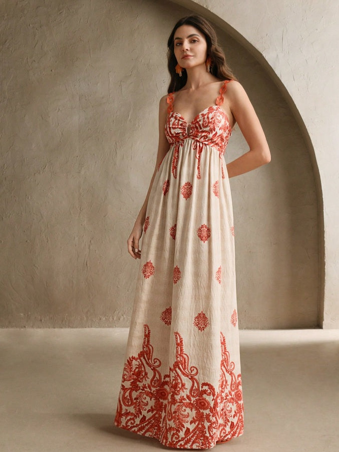 Catalia Long linen dress with high waist and embroidered chain handles
