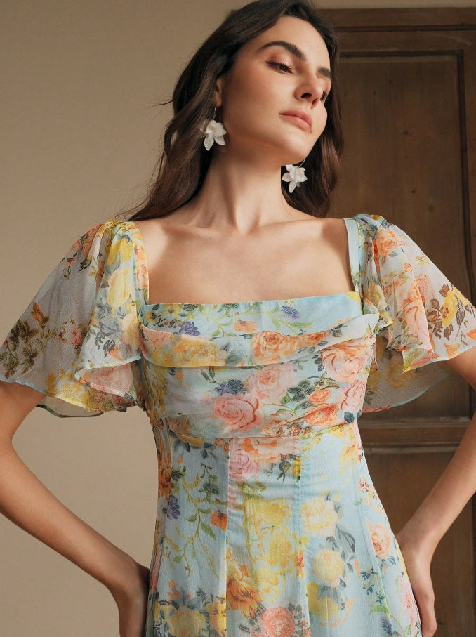 Pompeii long princess line dress with total print and flutter sleeves