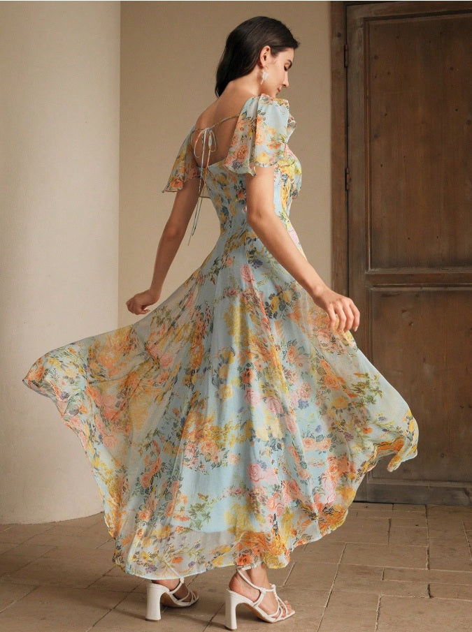 Pompeii long princess line dress with total print and flutter sleeves