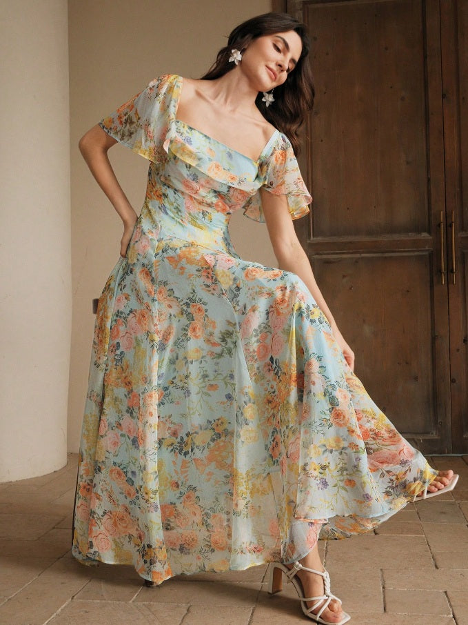 Pompeii long princess line dress with total print and flutter sleeves