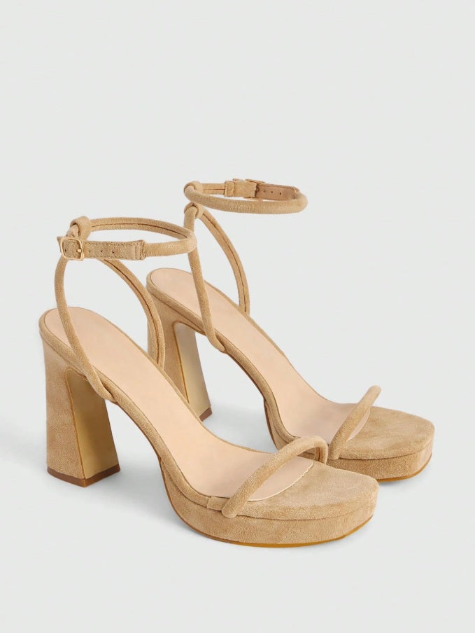Trapeze heel open ankle champagne sandals