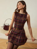Tudor plaid dress with jewel neck