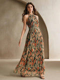 Gauguin emerald and terracota long dress with halter neck