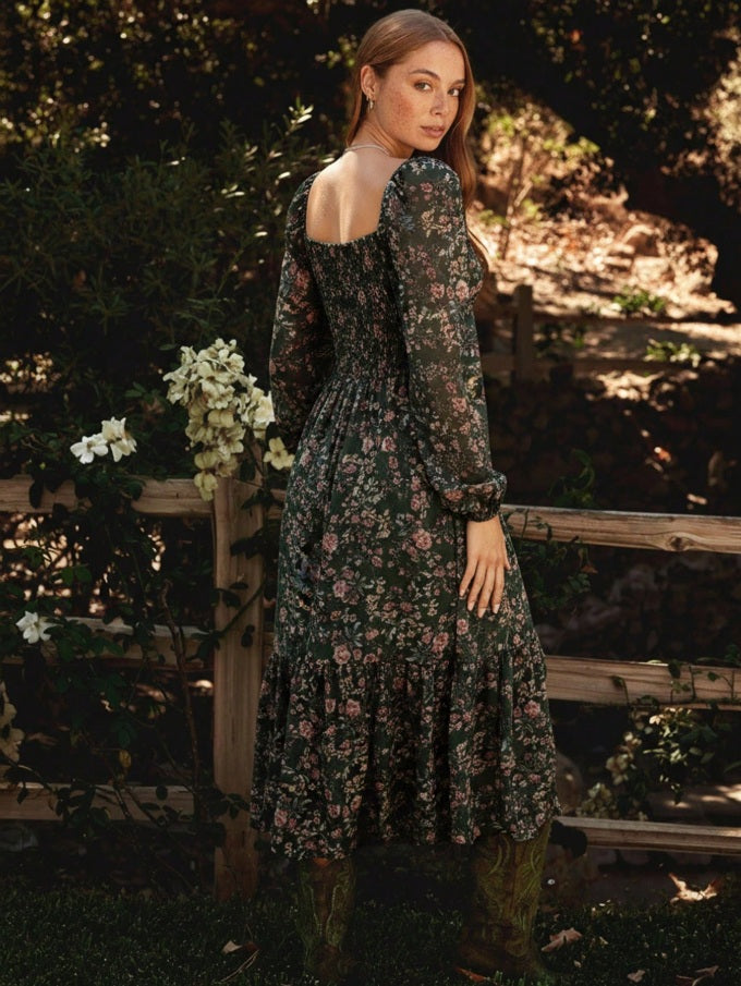 Long dress with gardenia pattern and Queen Anne neckline